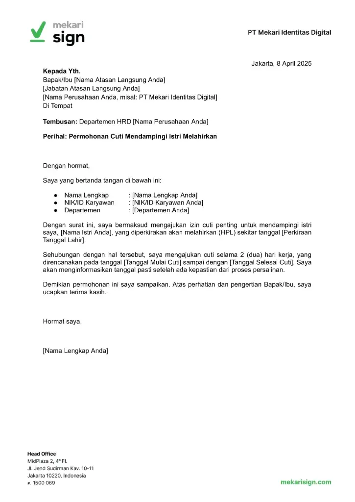 Contoh Surat Cuti Penting Mendampingi Istri Melahirkan