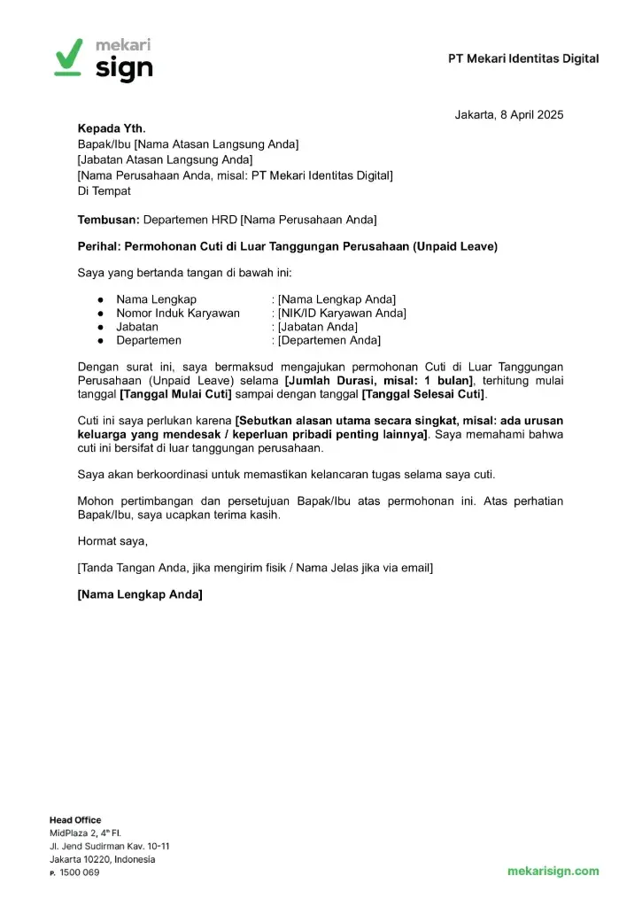 Contoh Surat Cuti di Luar Tanggungan Perusahaan (Unpaid Leave)
