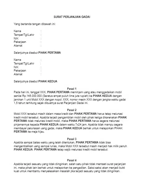 Contoh Surat Gadai Mobil yang masih kredit bagian 1