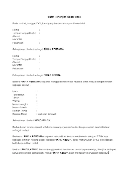 Contoh Surat Gadai Mobil dengan Denda bagian 1