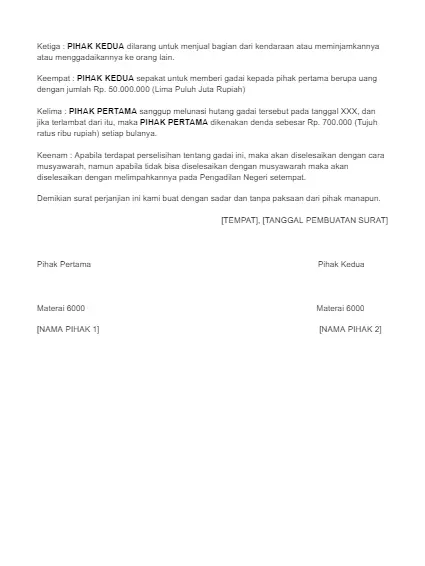 Contoh Surat Gadai Mobil dengan Denda bagian 2