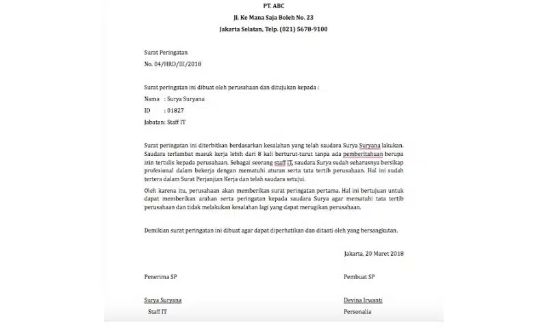 Contoh Surat Peringatan Terlambat Berangkat Kerja