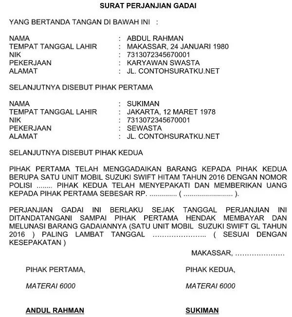 Contoh Surat Gadai Mobil Bermaterai