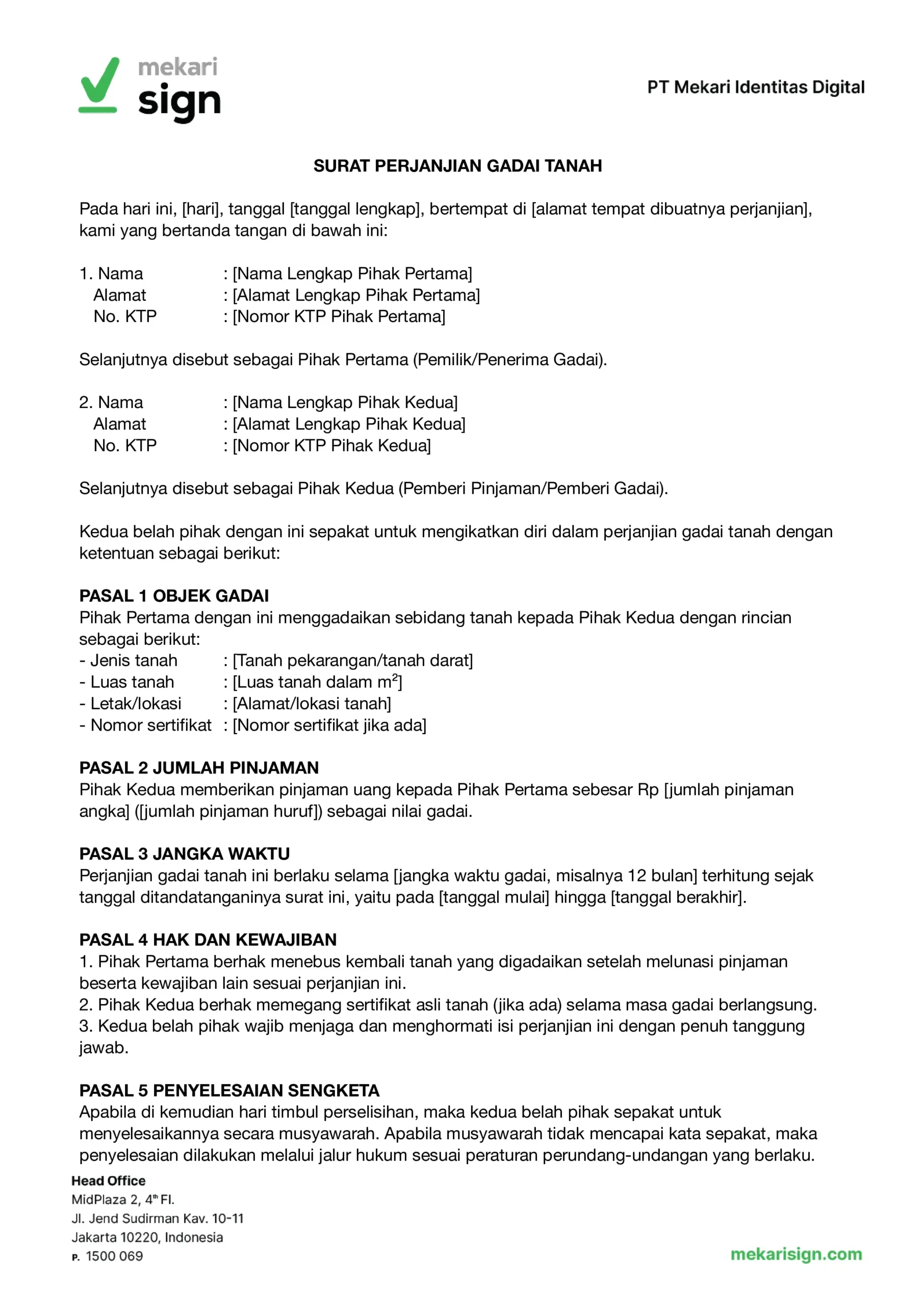 Contoh Surat Perjanjian Gadai Tanah - Mekari Sign