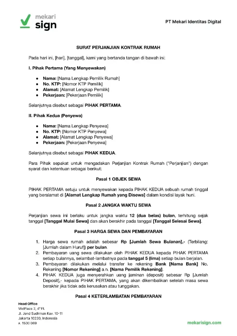 Contoh Surat Perjanjian Sewa Rumah Bulanan - Mekari Sign
