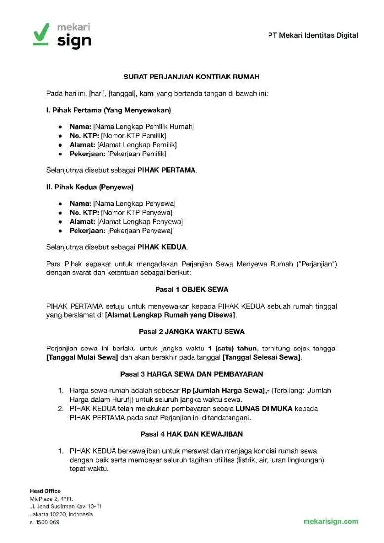 Contoh Surat Perjanjian Sewa Rumah dengan Klausul Khusus