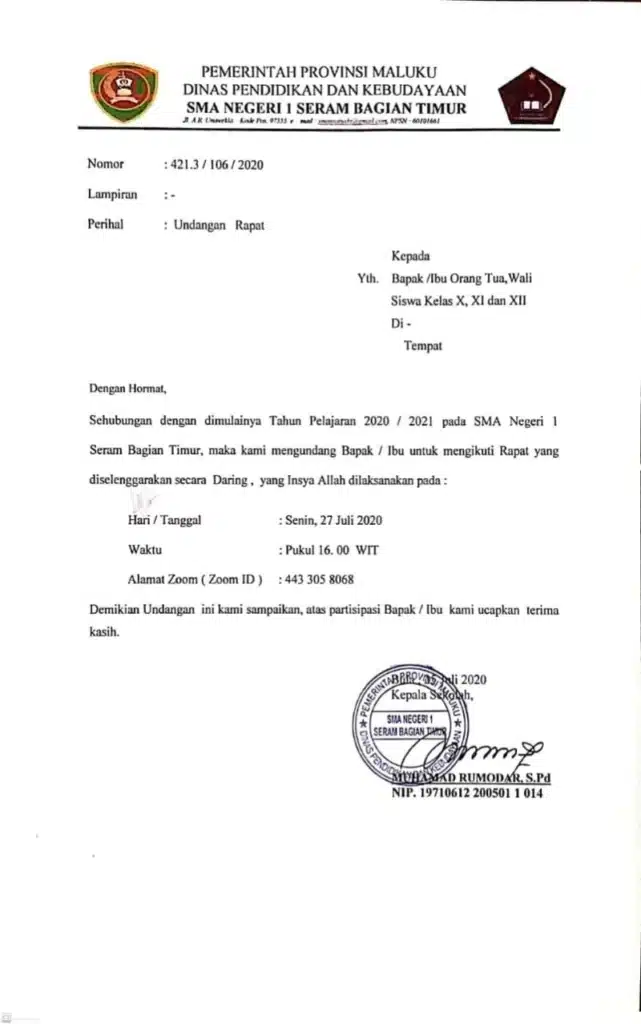 Contoh Surat Resmi Undangan Rapat Orang Tua Siswa
