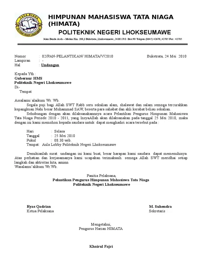 Contoh Surat Undangan Resmi Organisasi Mahasiswa