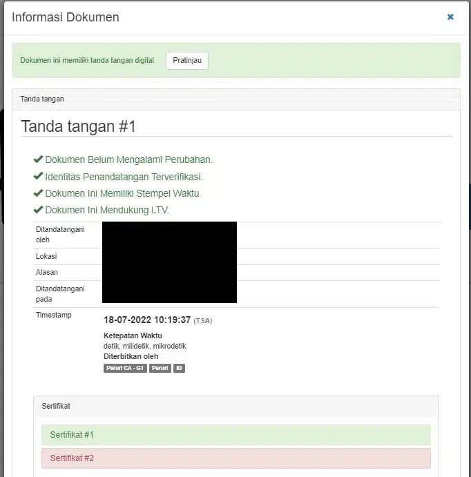 Contoh tampilan tanda tangan digital tersertifikasi PSrE