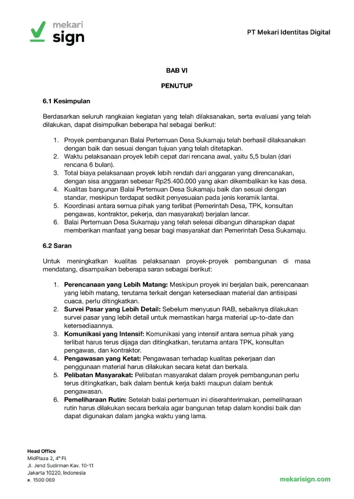 Contoh BAB VI Laporan Pertanggungjawaban (LPJ) Proyek