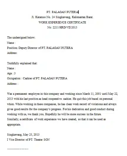 Contoh Surat Keterangan Pengalaman Kerja Bahasa Inggris