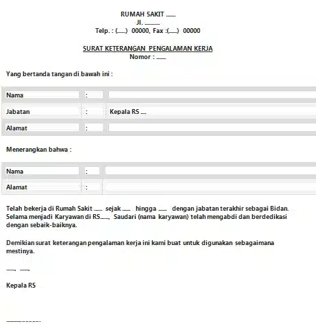 Contoh Surat Keterangan Pengalaman Kerja Bidan