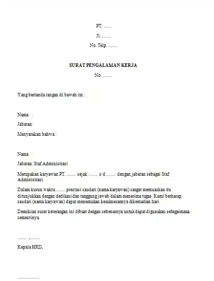 Contoh Surat Keterangan Pengalaman Kerja Staf Administrasi