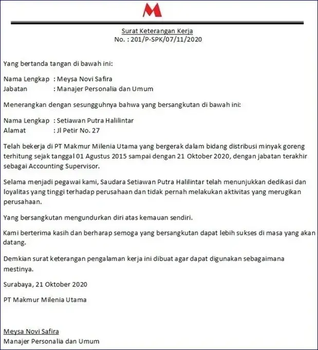 Contoh Surat Keterangan Pengalaman Kerja Supervisor