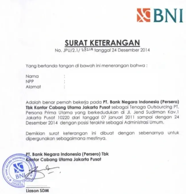 Contoh Surat Keterangan Pengalaman Kerja di Bank