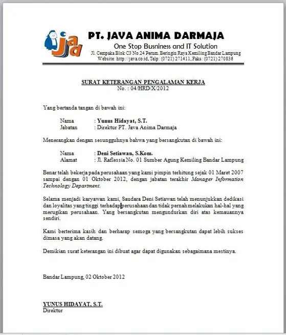 Contoh Surat Pengalaman Kerja Manajer