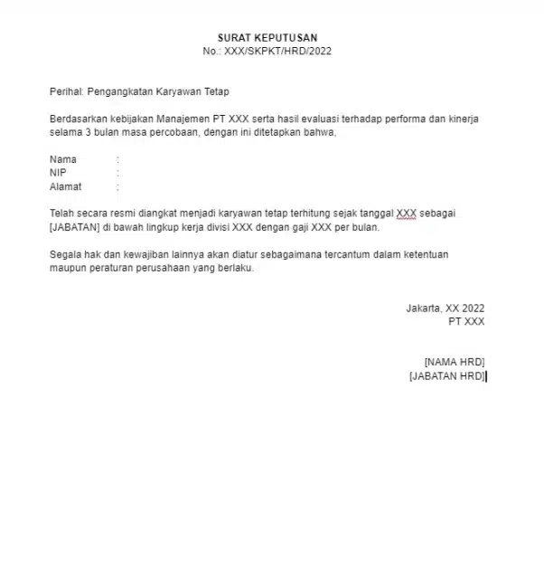 Contoh Surat Pengangkatan Karyawan Lengkap Versi 1