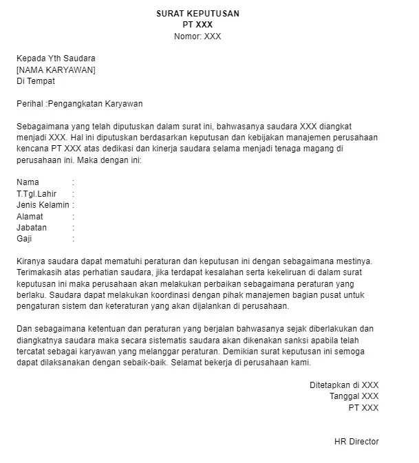 Contoh Surat Pengangkatan Karyawan Tetap dari Magang
