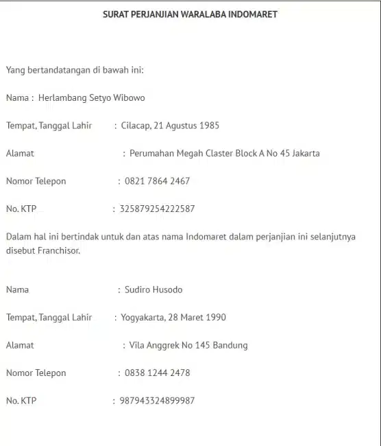 Contoh Surat Perjanjian Waralaba Bagian 1