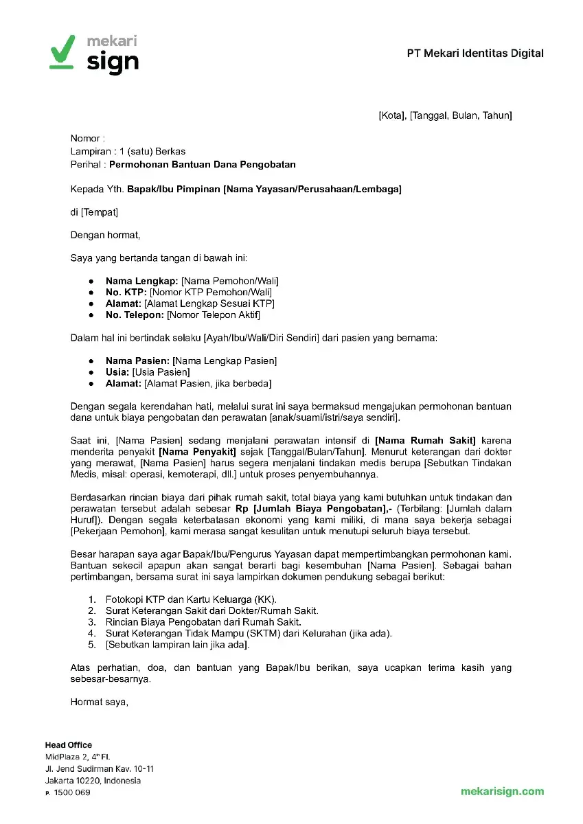Contoh Surat Permohonan Bantuan Dana Rumah Sakit_Pengobatan - Mekari Sign