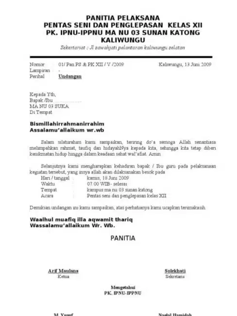 Contoh Surat Setengah Resmi Pagelaran Seni