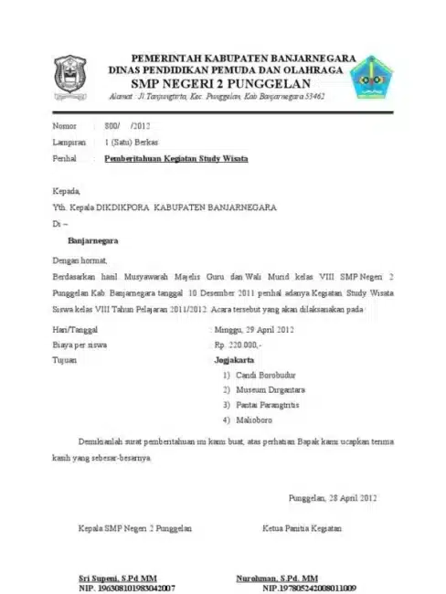 Contoh Surat Setengah Resmi Study Tour