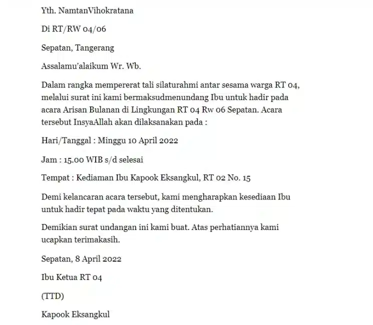 Contoh Surat Setengah Resmi Undangan Arisan 2