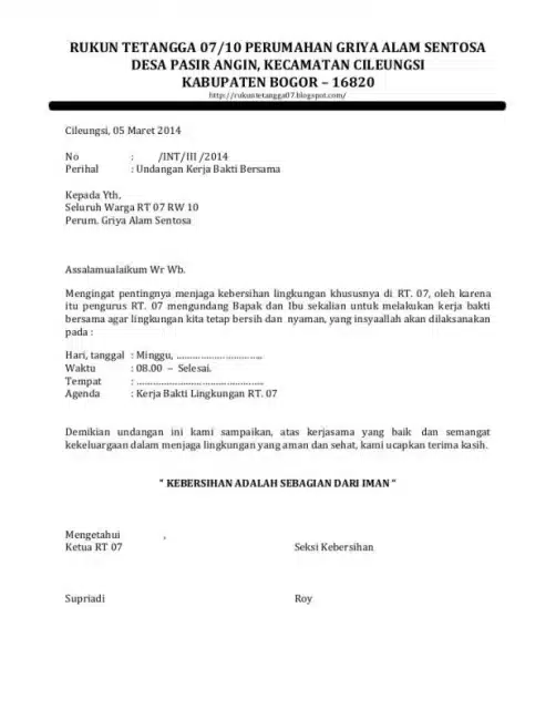 Contoh Surat Setengah Resmi Undangan Kerja Bakti 1