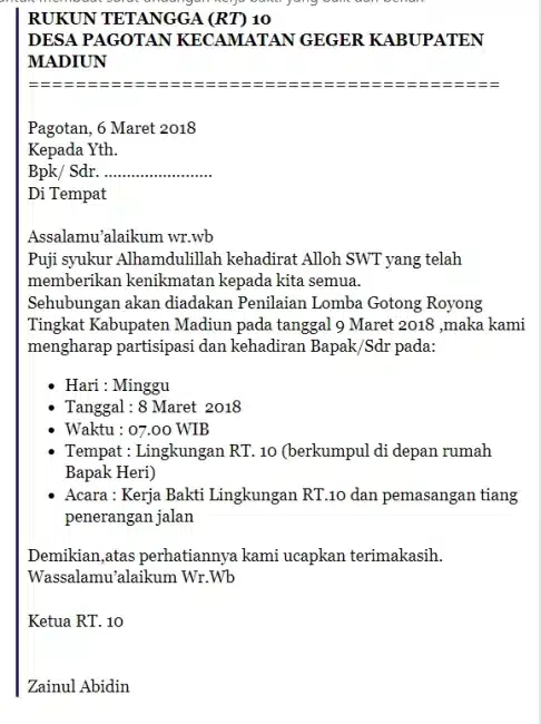 Contoh Surat Setengah Resmi Undangan Kerja Bakti 2