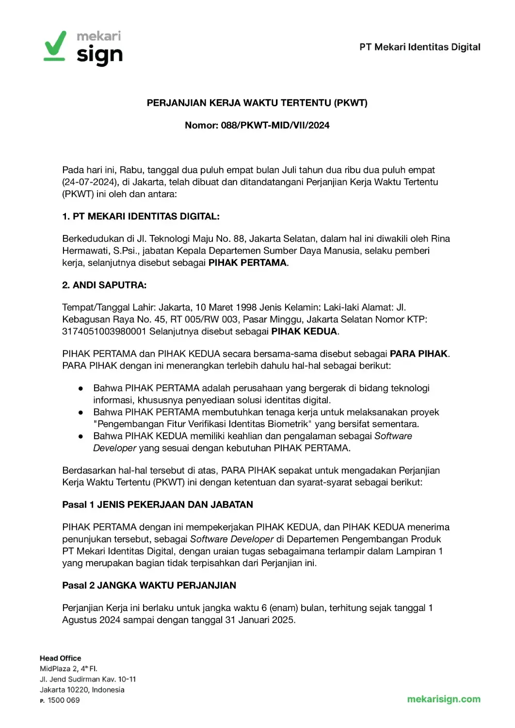 Detail Contoh Kontrak Kerja Karyawan PKWT