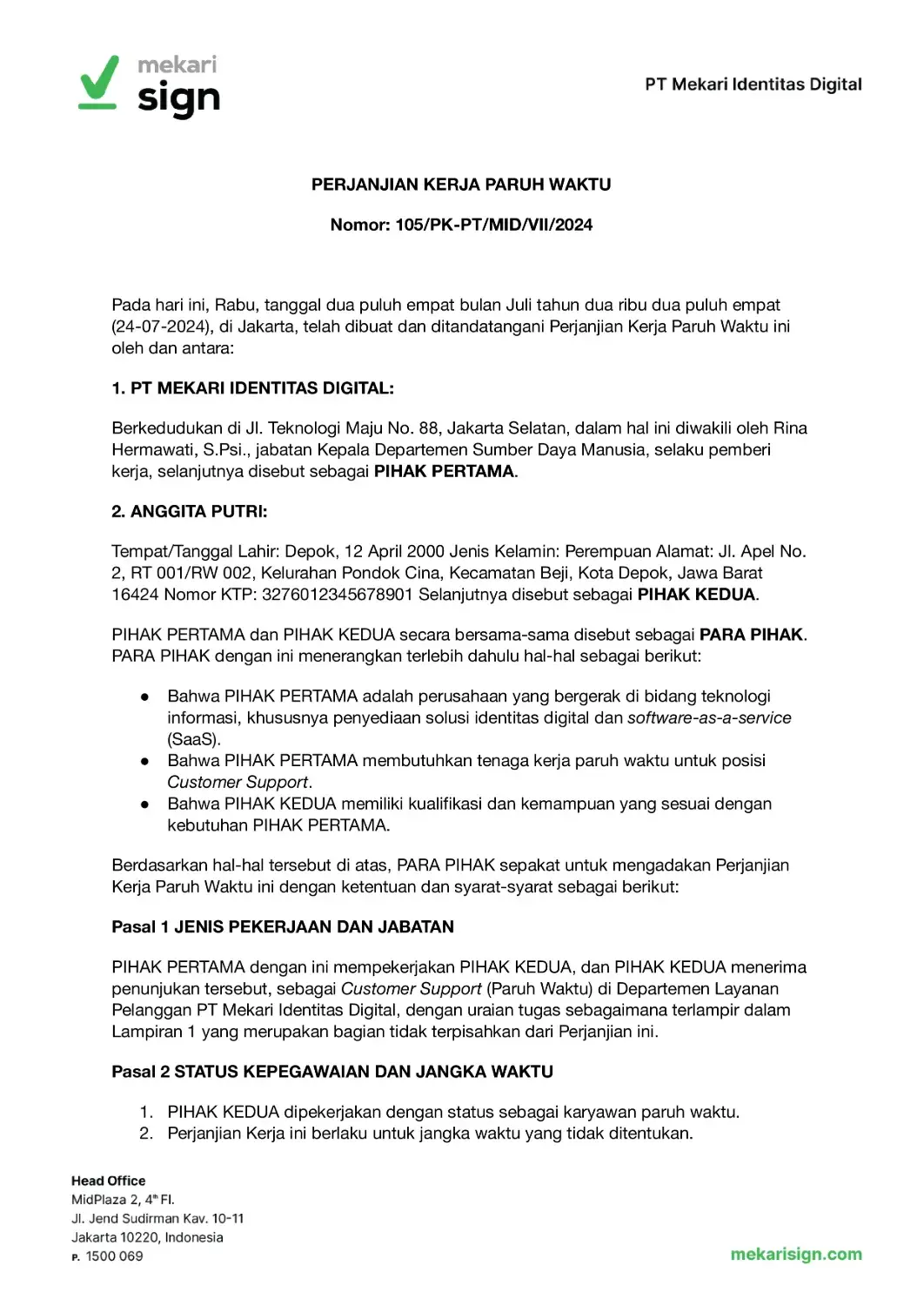 Detail Contoh Kontrak Kerja Karyawan Part Time