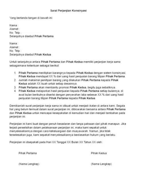 contoh surat perjanjian konsinyasi