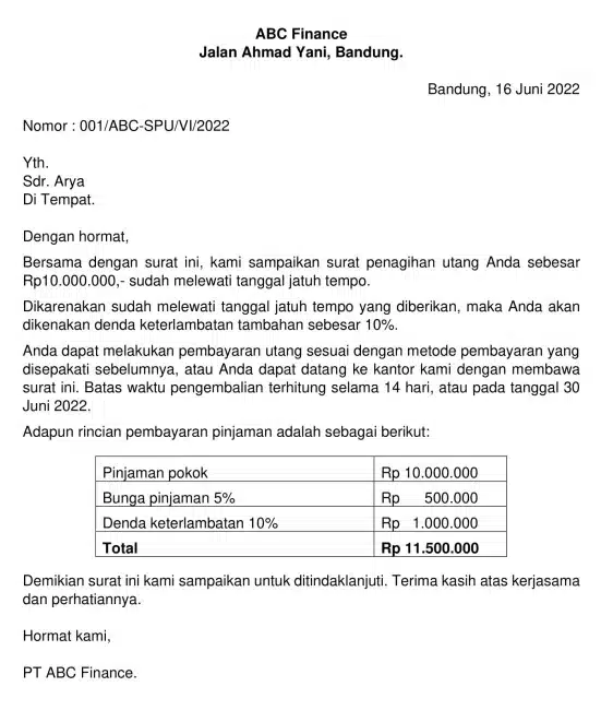 Contoh Penagihan dengan Denda