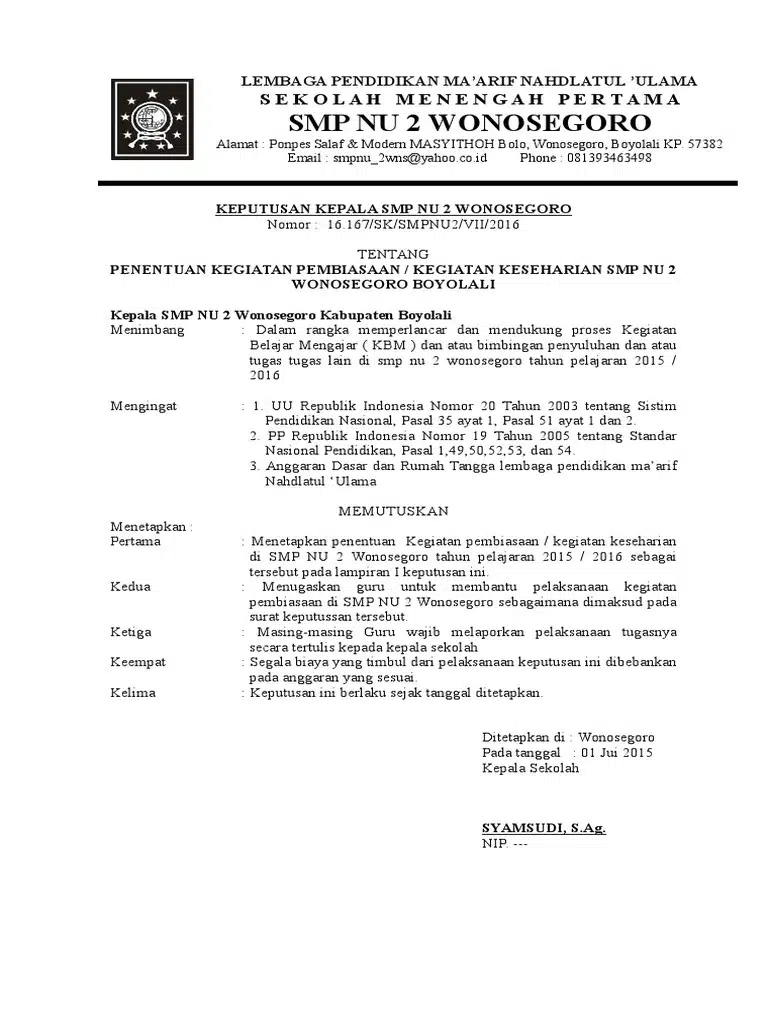 Contoh SK Kepala Sekolah