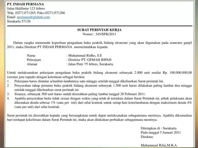 Contoh Surat Perintah Kerja Pengadaan Buku