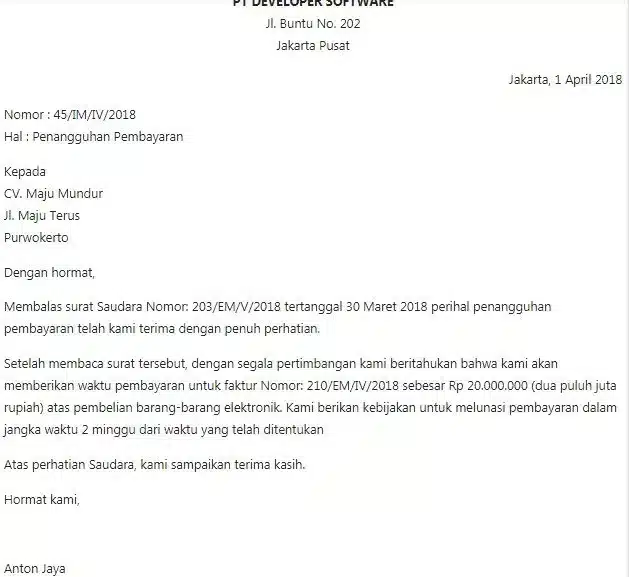 Contoh Surat Bisnis Jawaban Penangguhan Pembayaran