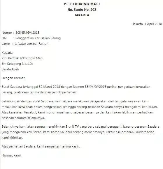 Contoh Surat Bisnis Jawaban Pengaduan