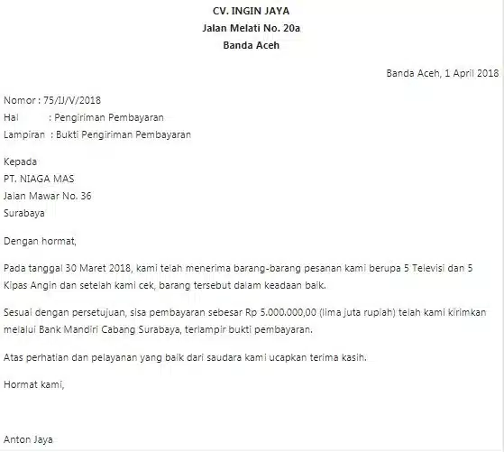 Contoh Surat Bisnis Pengiriman Bukti Pembayaran