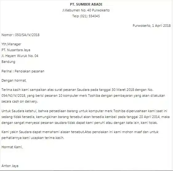 Contoh Surat Bisnis Penolakan Pesanan