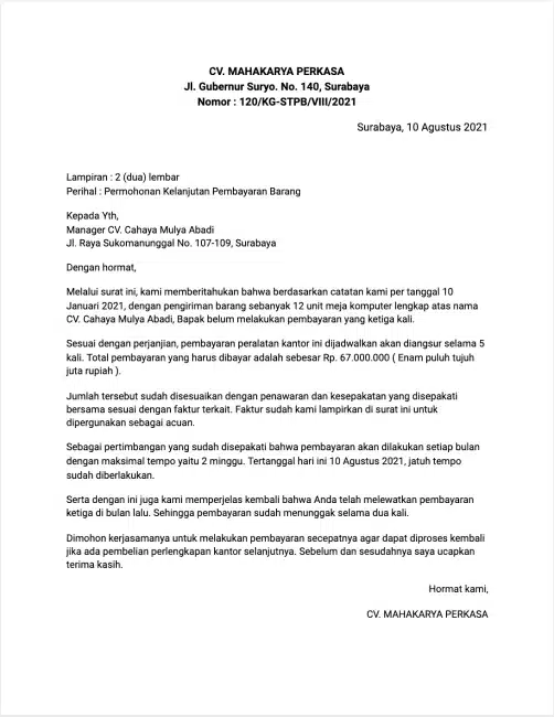 Contoh Surat Penagihan Barang Lainnya