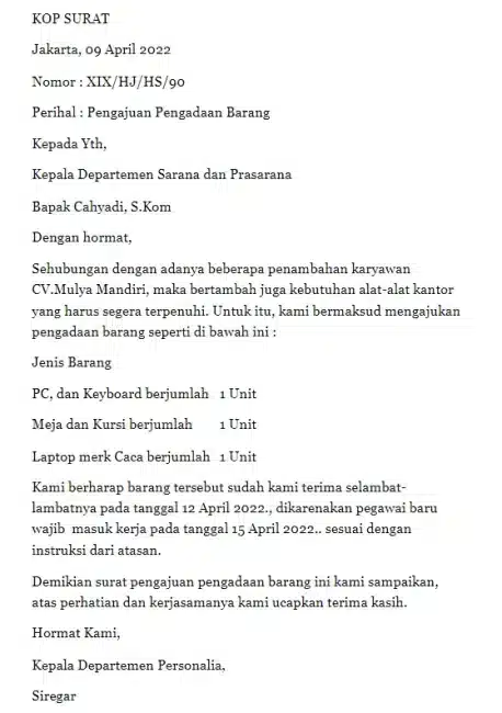 Contoh Surat Pengajuan Barang Inventaris Kantor 2