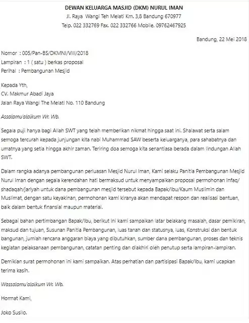 Contoh Surat Pengantar Proposal Pembangunan Masjid
