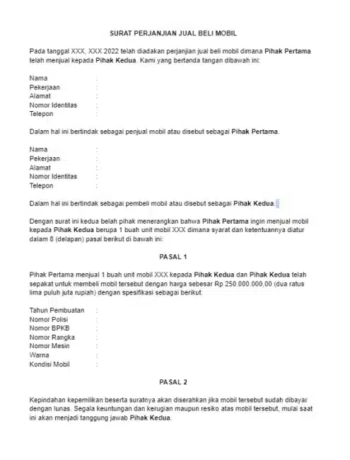 Contoh Surat Perjanjian Jual Mobil Bagian Pertama