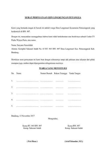 Contoh Surat Pernyataan Persetujuan Warga