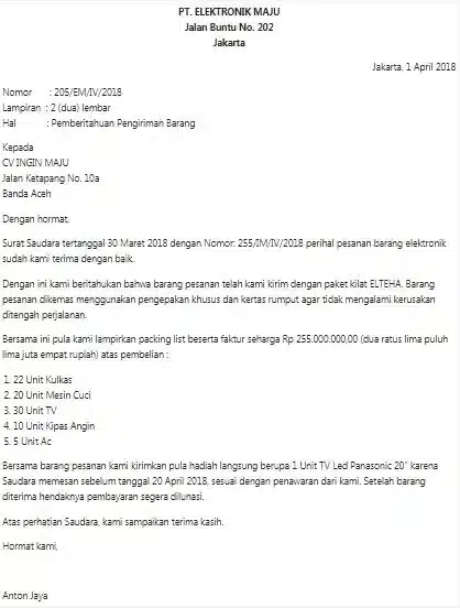 Surat Bisnis Pengiriman Barang