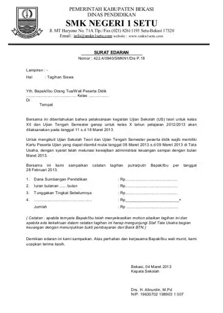 Surat Edaran Dinas Pemberitahuan Ujian