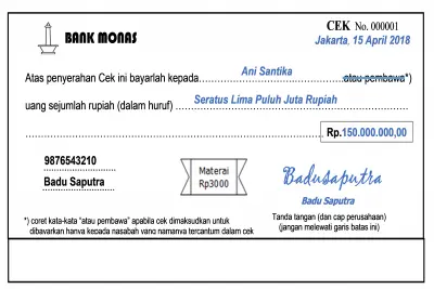 Contoh cek sebagai bukti transaksi