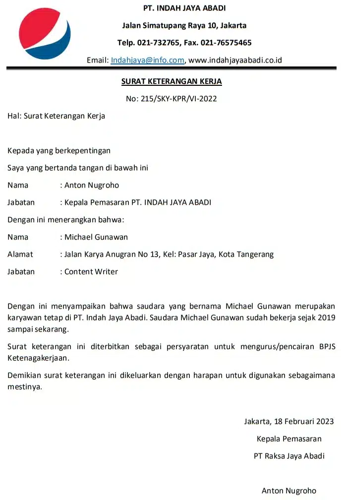 Contoh Surat Keterangan Kerja untuk Klaim BPJS Ketenagakerjaan