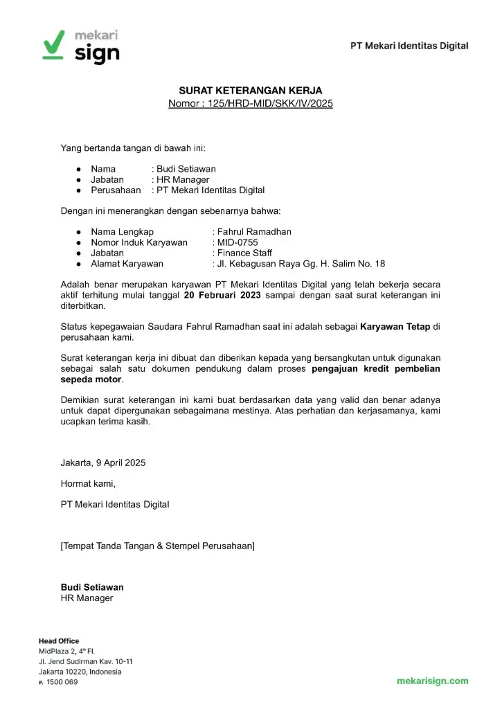 Contoh Surat Keterangan Kerja untuk Kredit Motor