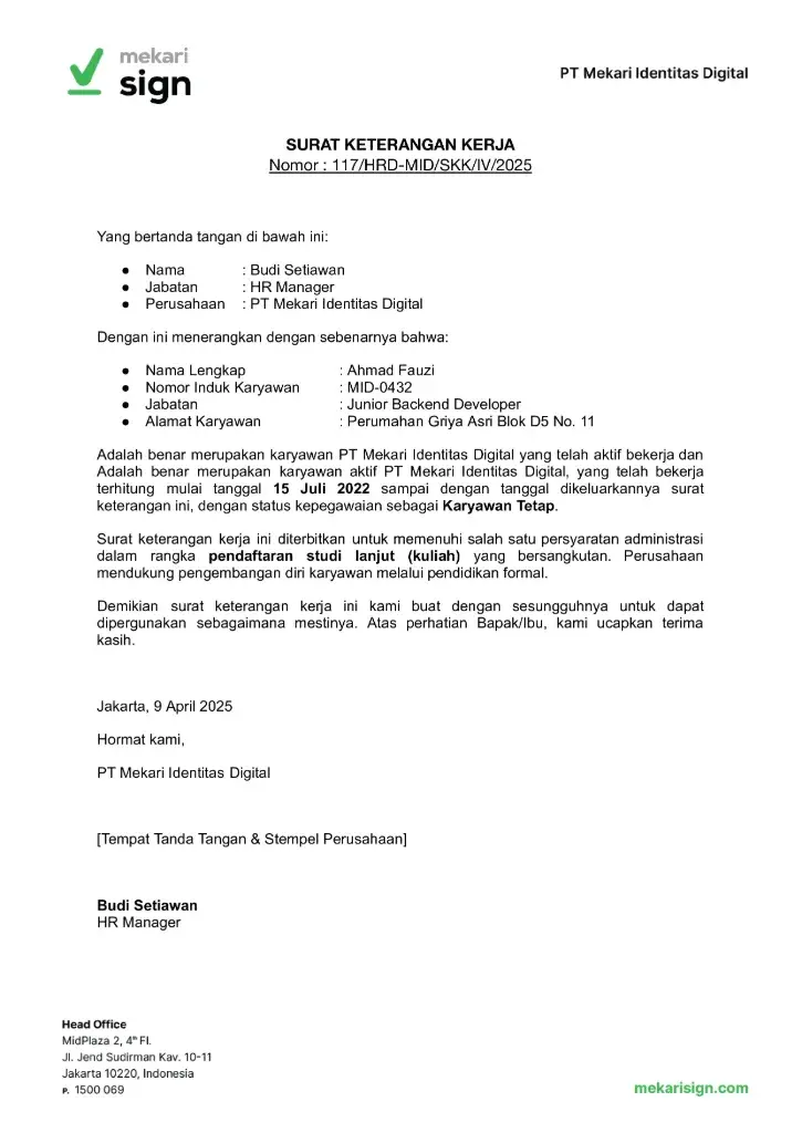 Contoh Surat Keterangan Kerja untuk Kuliah